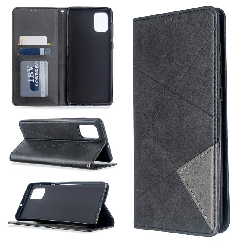 Geometric Pattern Stand Leather Case Card Holder Shell for Samsung Galaxy A71 A715 - Black