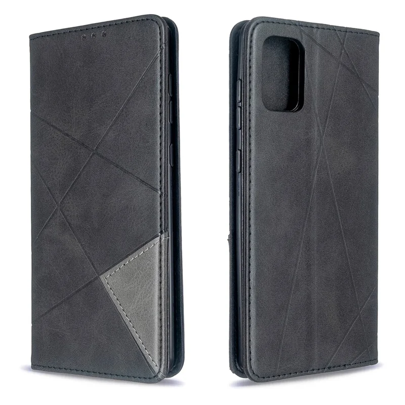 Geometric Pattern Stand Leather Case Card Holder Shell for Samsung Galaxy A71 A715 - Black