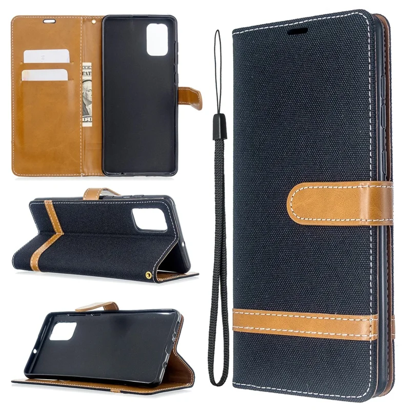 Color Splicing Jeans Cloth Skin Wallet Leather Case for Samsung Galaxy A71 A715 - Black