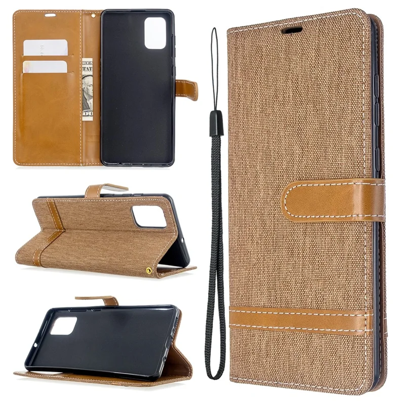Color Splicing Jeans Cloth Skin Wallet Leather Case for Samsung Galaxy A71 A715 - Brown