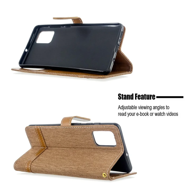 Color Splicing Jeans Cloth Skin Wallet Leather Case for Samsung Galaxy A71 A715 - Brown