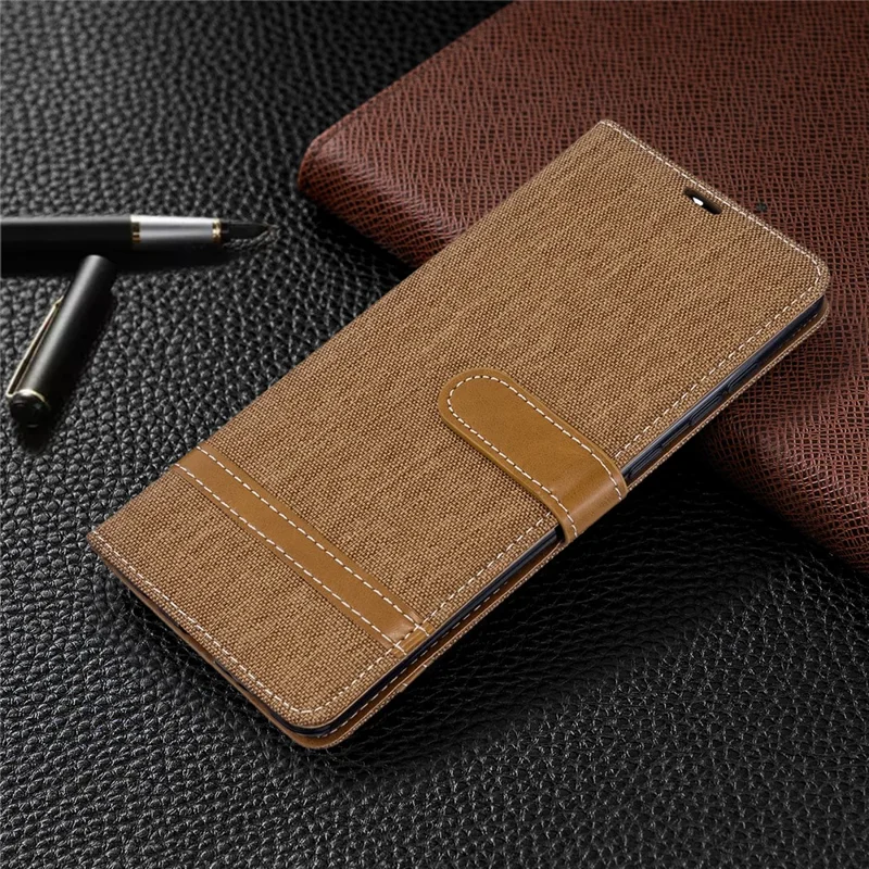 Color Splicing Jeans Cloth Skin Wallet Leather Case for Samsung Galaxy A71 A715 - Brown