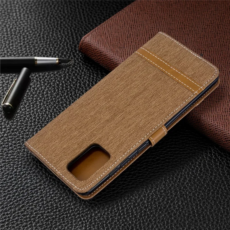 Color Splicing Jeans Cloth Skin Wallet Leather Case for Samsung Galaxy A71 A715 - Brown