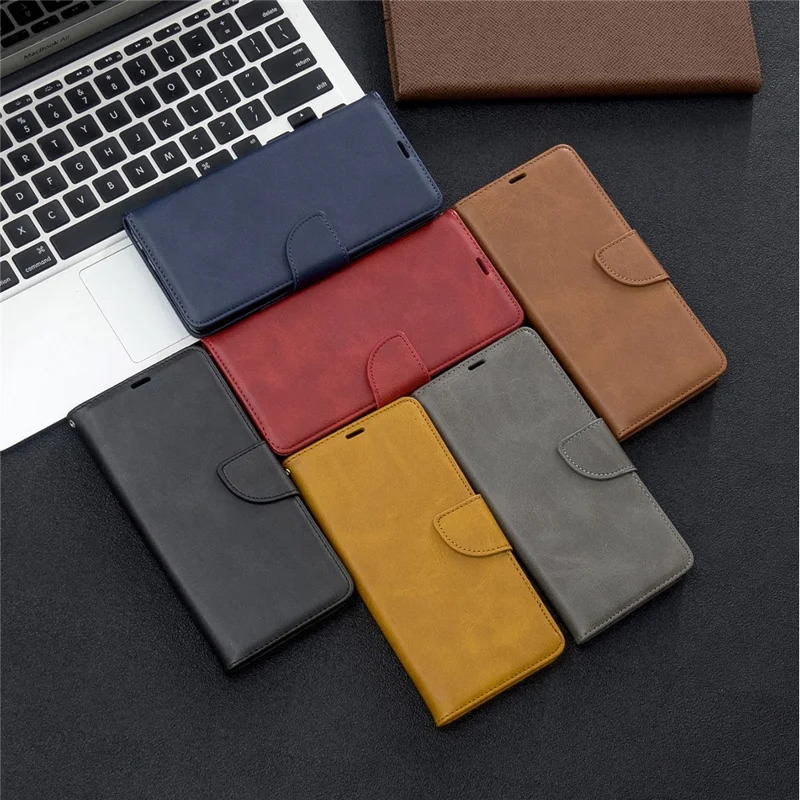 غطاء هاتف جلد PU بلون سادة مع حامل ومحفظة لهاتف Samsung Galaxy A71 A715 - أزرق داكن