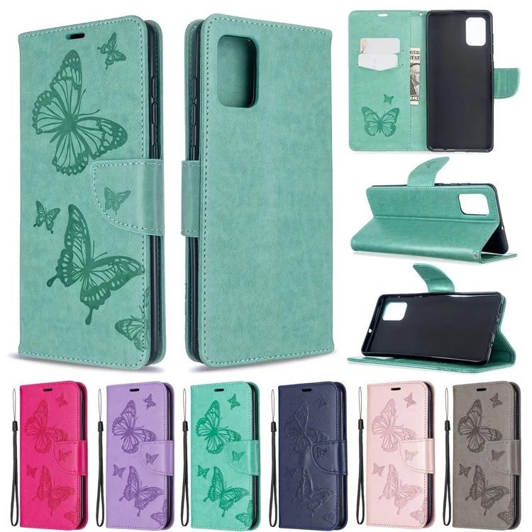 Imprint Butterflies Wallet Stand Flip Ledertasche für Samsung Galaxy A71 A715 - Grau