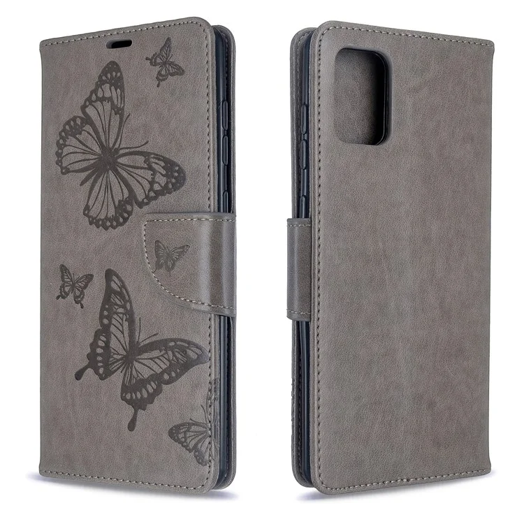 Imprint Butterflies Wallet Stand Flip Ledertasche für Samsung Galaxy A71 A715 - Grau