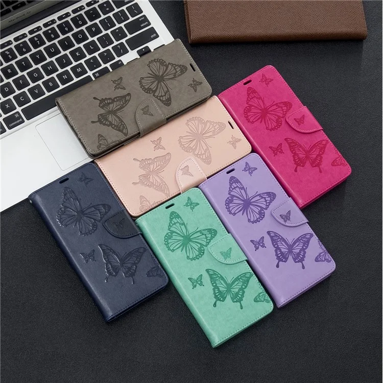 Imprint Butterflies Wallet Stand Flip Ledertasche für Samsung Galaxy A71 A715 - Grau