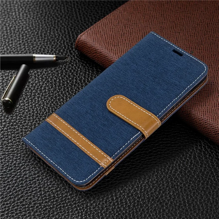 Color Splicing Jeans Cloth Skin Wallet Leather Phone Cover for Samsung Galaxy S20 4G/S20 5G - Dark Blue