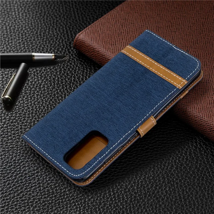 Color Splicing Jeans Cloth Skin Wallet Leather Phone Cover for Samsung Galaxy S20 4G/S20 5G - Dark Blue