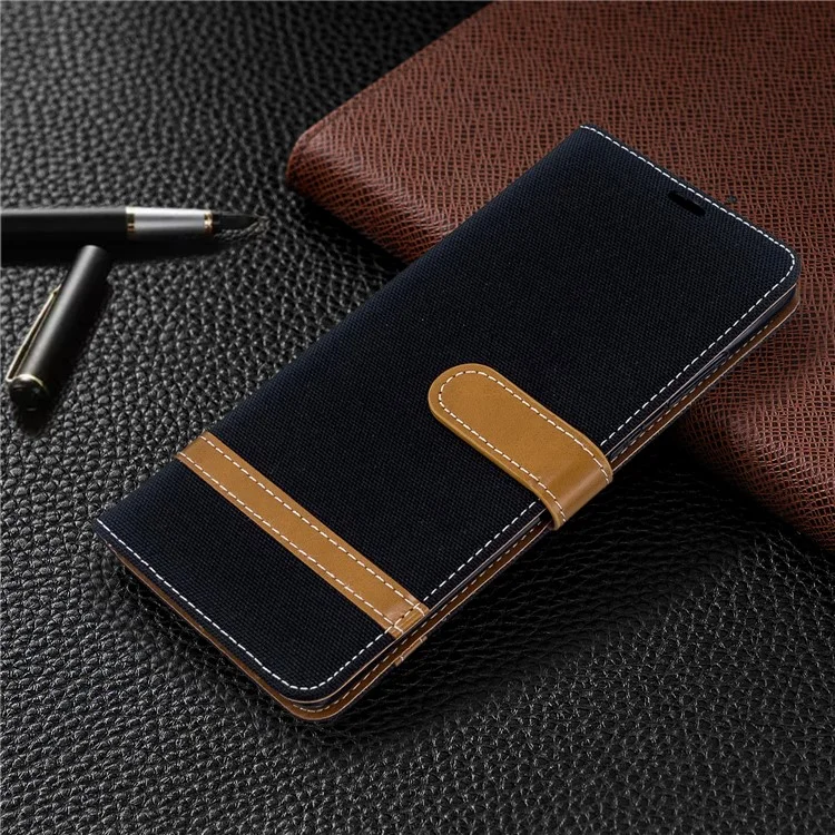 Color Splicing Jeans Cloth Skin Wallet Leather Phone Casing for Samsung Galaxy S20 Plus - Black