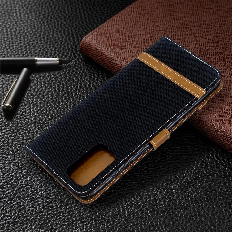 Color Splicing Jeans Cloth Skin Wallet Leather Phone Casing for Samsung Galaxy S20 Plus - Black