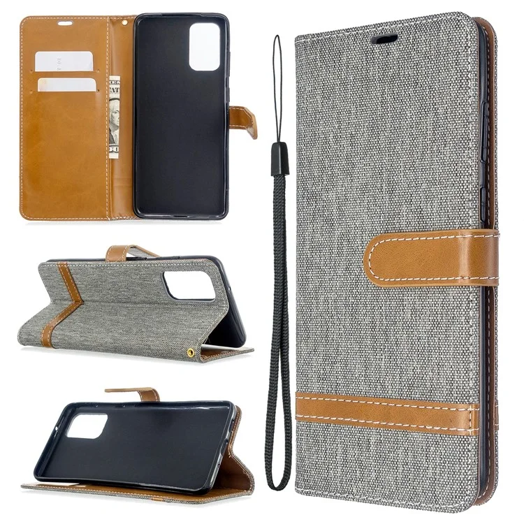 Color Splicing Jeans Cloth Skin Wallet Leather Phone Casing for Samsung Galaxy S20 Plus - Grey