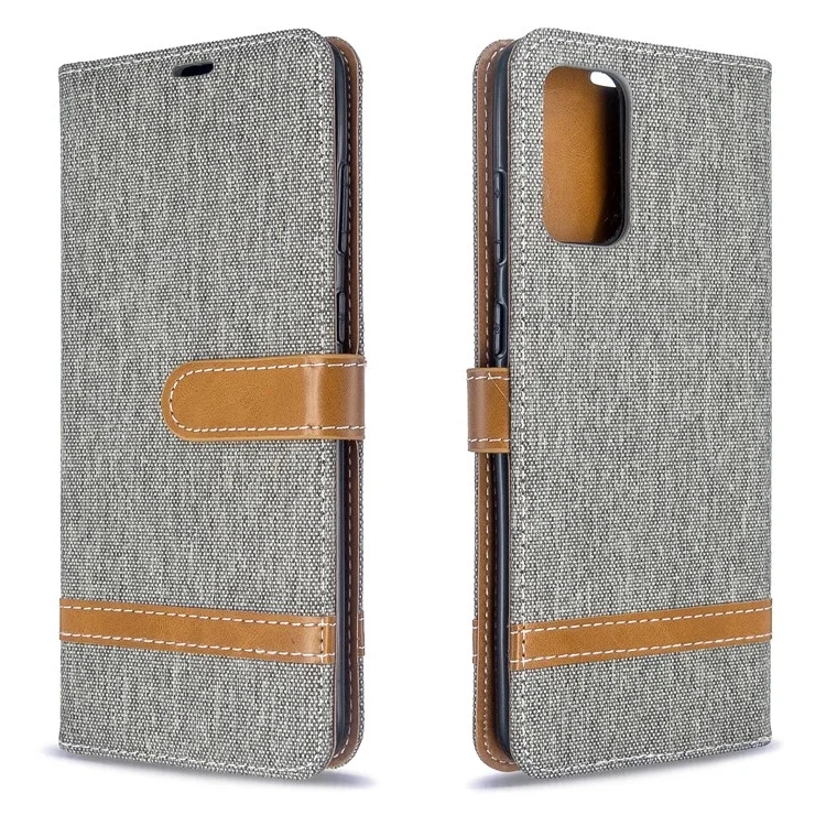 Color Splicing Jeans Cloth Skin Wallet Leather Phone Casing for Samsung Galaxy S20 Plus - Grey