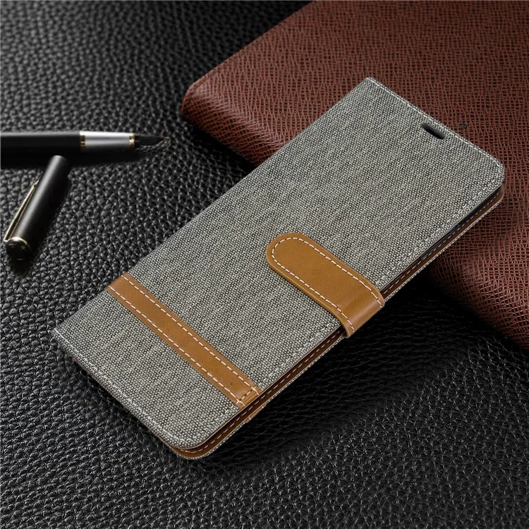 Color Splicing Jeans Cloth Skin Wallet Leather Phone Casing for Samsung Galaxy S20 Plus - Grey