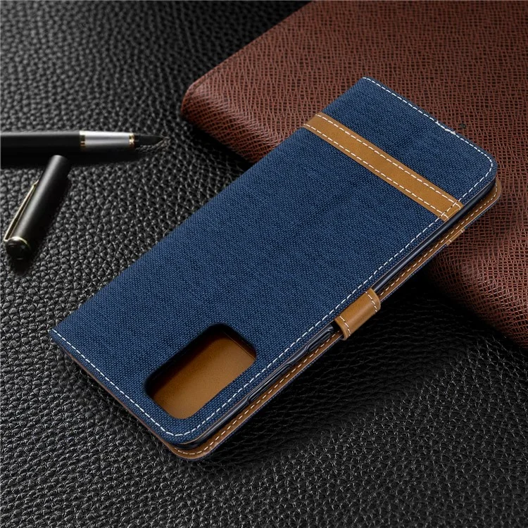 Color Splicing Jeans Cloth Skin Wallet Leather Phone Casing for Samsung Galaxy S20 Plus - Dark Blue