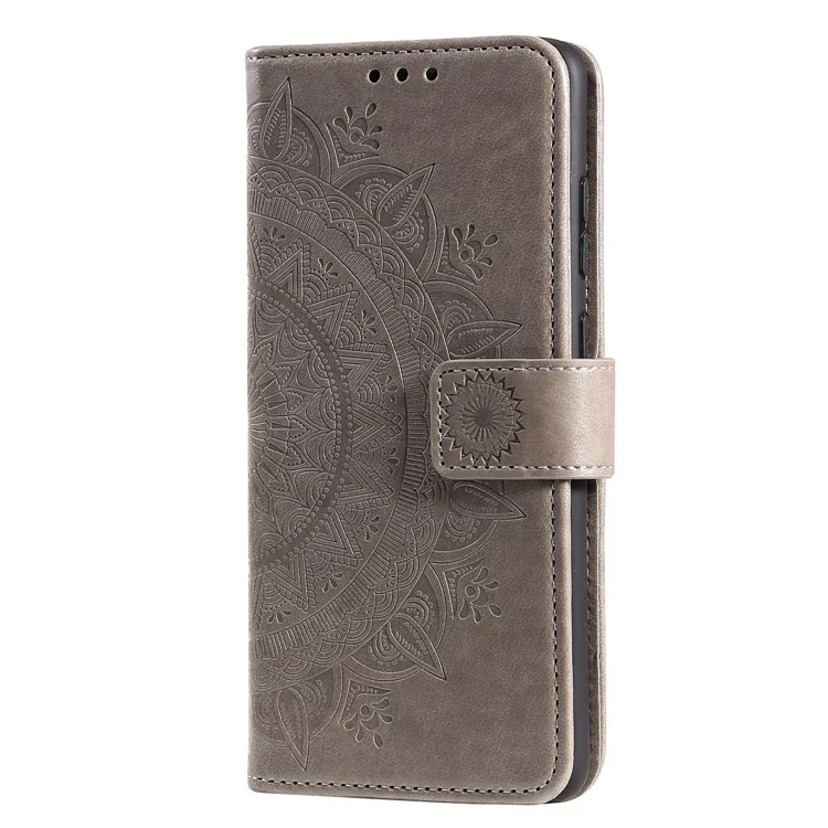 Imprinted Mandala Flower PU Leather Case Flip Stand Wallet Phone Cover with Strap for Samsung Galaxy A51 4G - Grey