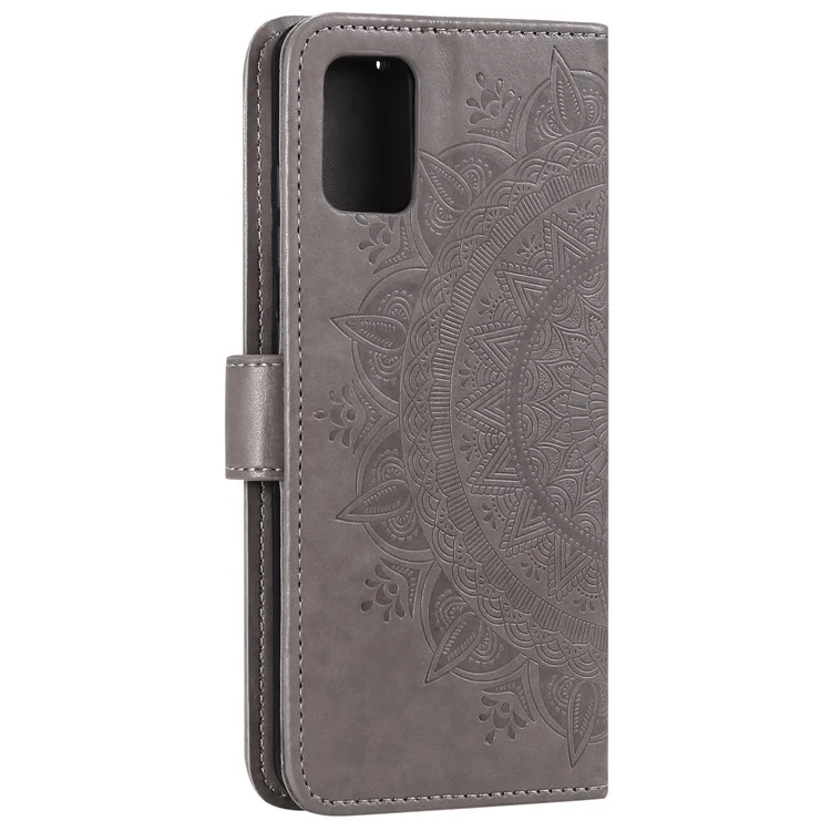 Estuche de cartera de cuero de poliuretano con estampado de flor de mandala, soporte y correa para Samsung Galaxy A51 4G - Gris