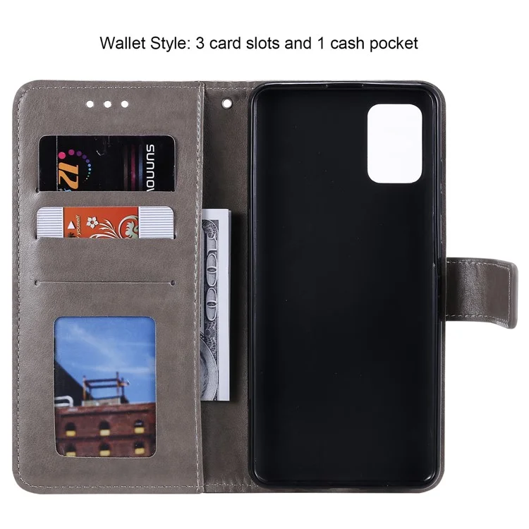 Estuche de cartera de cuero de poliuretano con estampado de flor de mandala, soporte y correa para Samsung Galaxy A51 4G - Gris