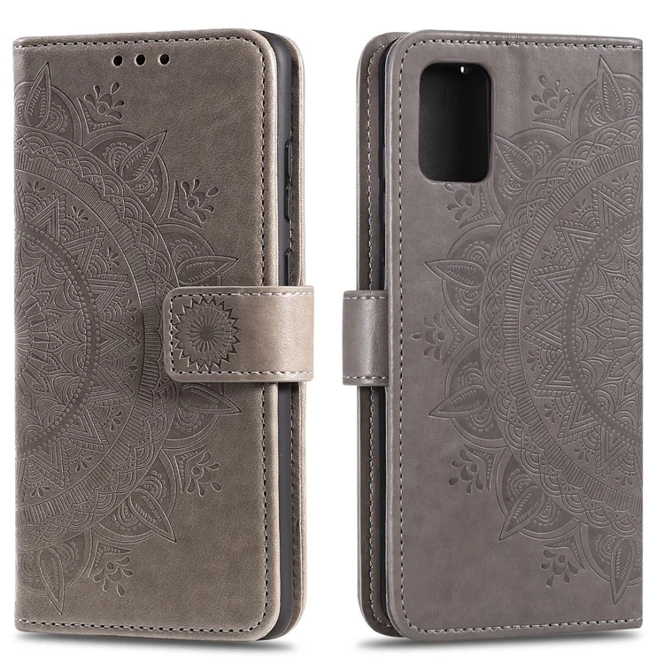 Imprint Flower Leather Wallet Phone Casing for Samsung Galaxy A71 - Grey