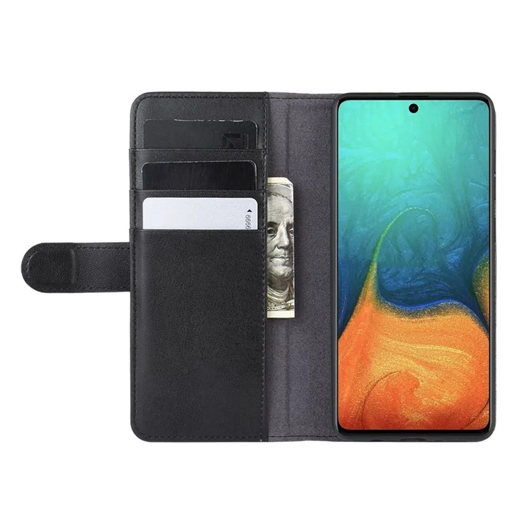 For Samsung Galaxy A71 Phone Cases Genuine Split Leather Wallet Mobile Cover Stand - Black