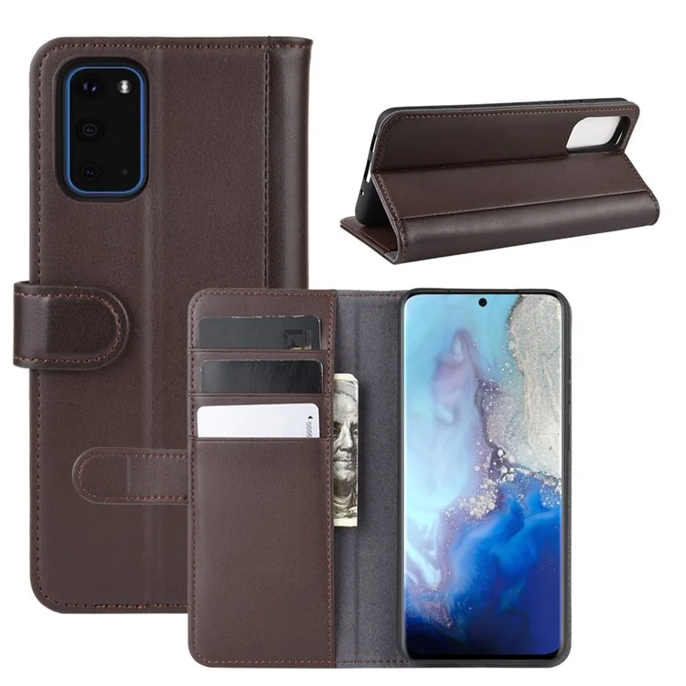 Case de Teléfono de Soporte de Billetera de Cuero Dividido Para Samsung Galaxy S20 4G/S20 5G Accesorio de Teléfonos Celulares - Marrón