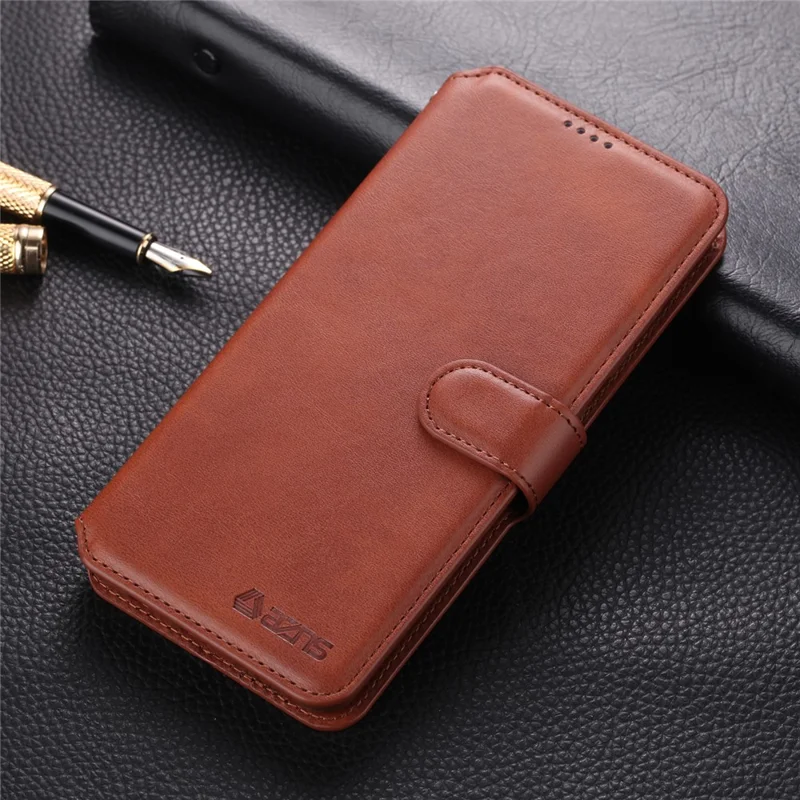 AZNS Leather Wallet Stand Phone Cover Shell for Samsung Galaxy A51 - Brown