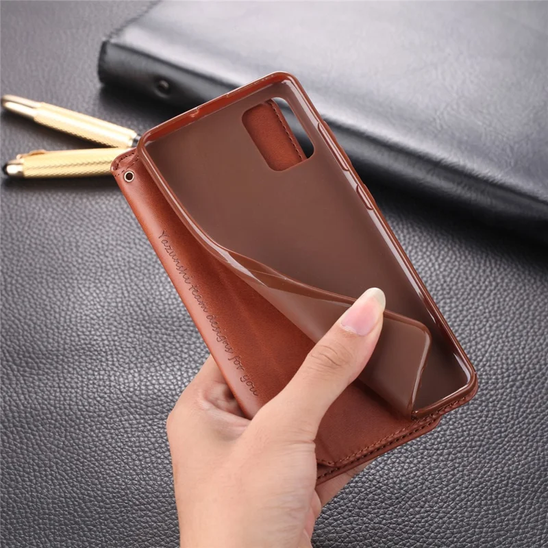 AZNS Leather Wallet Stand Phone Cover Shell for Samsung Galaxy A51 - Brown