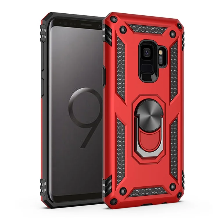 360 ° Ring Ring Kickstand Armour PC+TPU Caixa de Telefone Híbrido Para Samsung Galaxy S9 - Vermelho