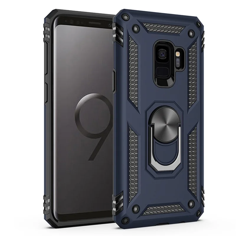 360° Rotatable Ring Kickstand Armor PC+TPU Hybrid Phone Case for Samsung Galaxy S9 - Blue