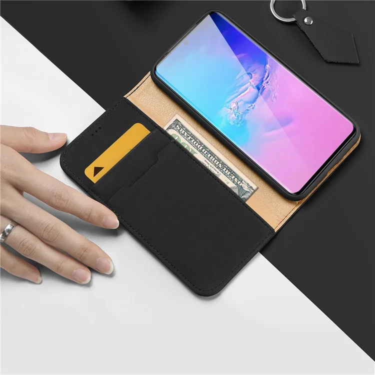 DUX DUCIS Wish Series Magnetic Absorption Adjustable Stand Genuine Leather Cell Phone Wallet Shell for Samsung Galaxy S20 Ultra - Black