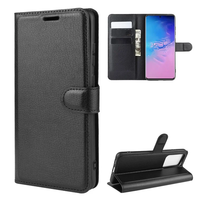 Litchi Skin Wallet Leather Stand Case for Samsung Galaxy S20 Ultra - Black