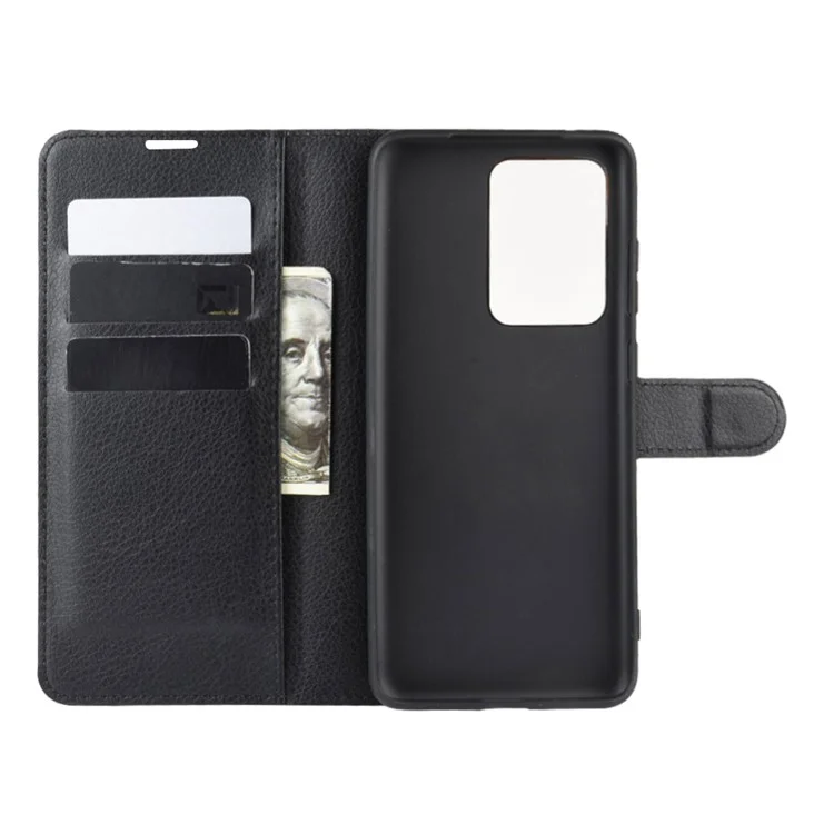 Litchi Skin Wallet Leather Stand Caso Para Samsung Galaxy S20 Ultra - Preto