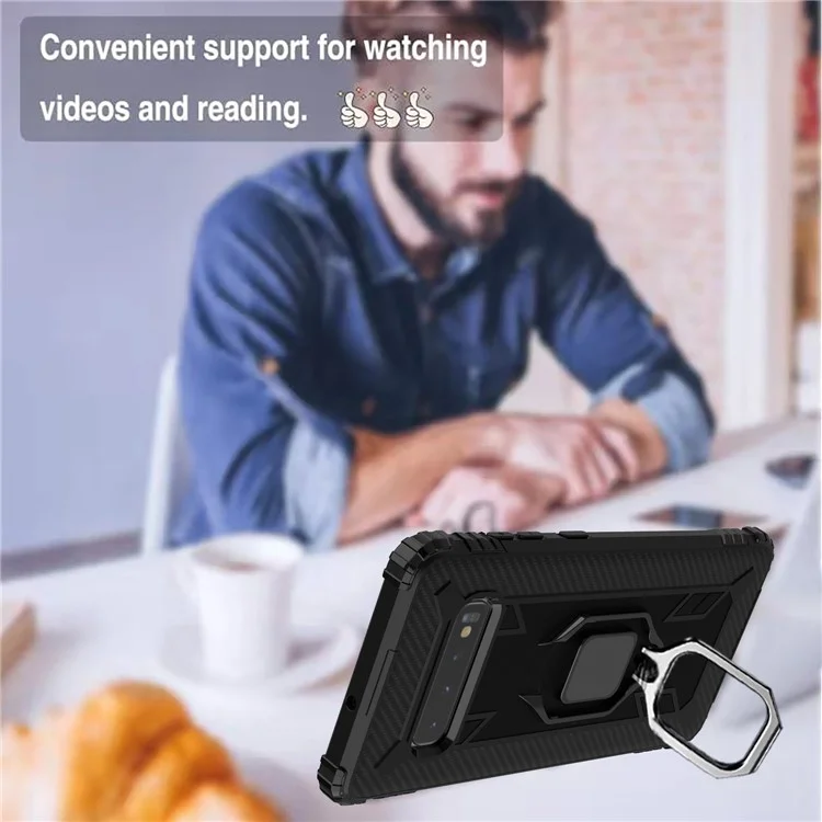 For Samsung Galaxy S10 Plus Finger Ring Kickstand Drop Resistant TPU Phone Casing - Black