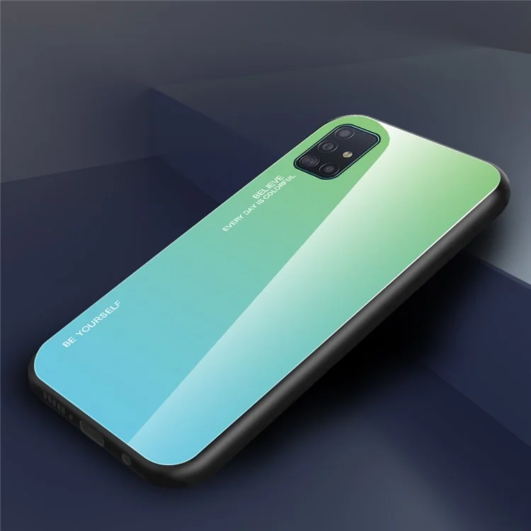 Gradient Color Glass + TPU Cell Phone Cover for Samsung Galaxy A51 - Cyan / Blue