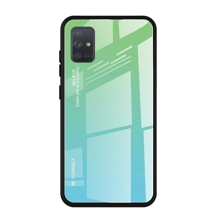 Vetro Color Gradiente di Protezione Completa Anti-drop + Casing Per Cellulare TPU Per Samsung Galaxy A71 - Ciano / Blu