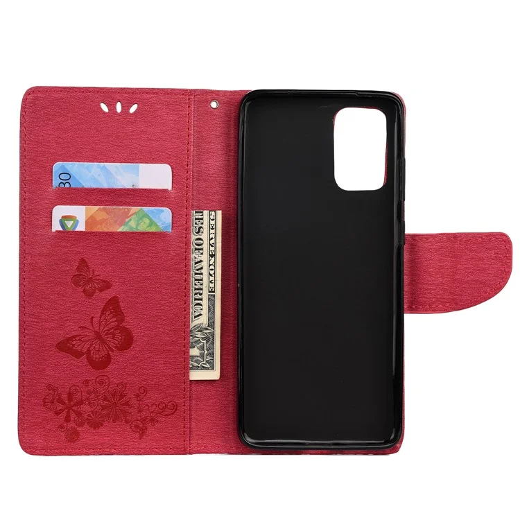 Empreinte Butterfly Flower Cuir Portefeuille Case de Téléphone Pour Samsung Galaxy S20 4g / S20 5G - Rouge