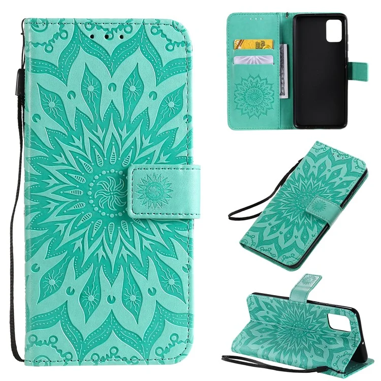 KT Imprinting Flower Series-1 Imprint Sunflower Leather Wallet Case for Samsung Galaxy A51 - Cyan