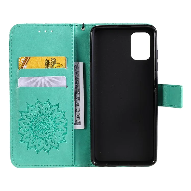 KT Imprinting Flower Series-1 Imprint Sunflower Leather Wallet Case for Samsung Galaxy A51 - Cyan