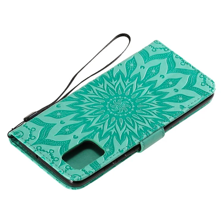 KT Imprinting Flower Series-1 Imprint Sunflower Leather Wallet Case for Samsung Galaxy A51 - Cyan