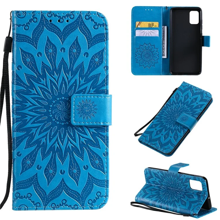 KT Imprinting Flower Series-1 Imprint Sunflower Leather Wallet Case for Samsung Galaxy A51 - Blue