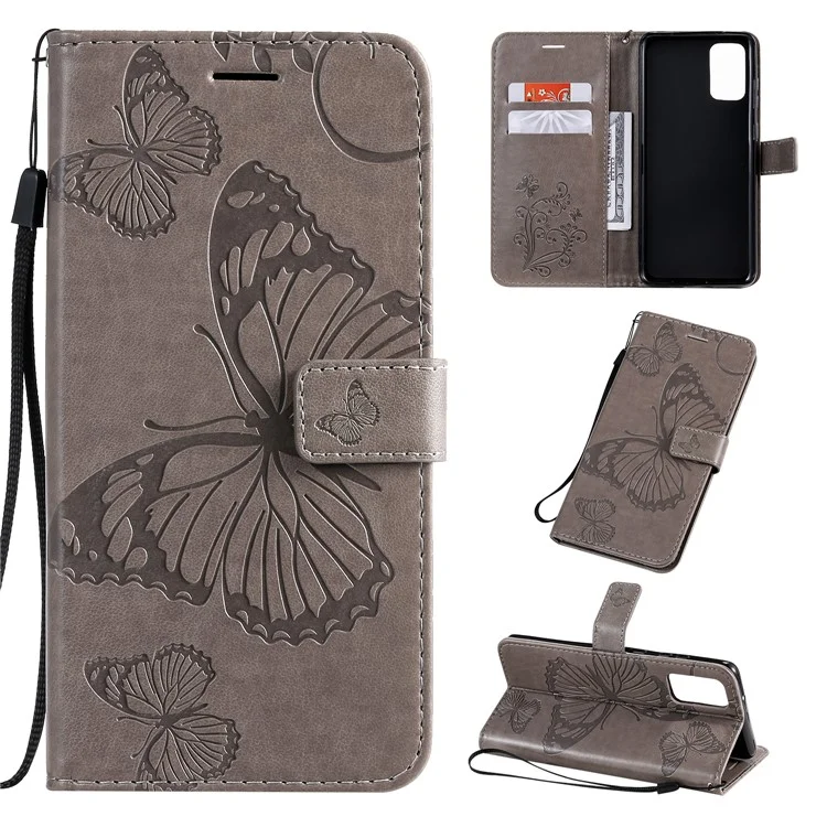 For Samsung Galaxy S20 Plus Wallet Case Floral Butterfly Imprinted Leather Phone Cover Stand - Grey