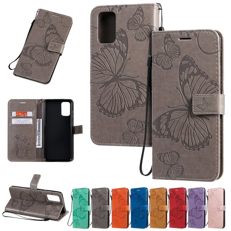 For Samsung Galaxy S20 Plus Wallet Case Floral Butterfly Imprinted Leather Phone Cover Stand - Grey