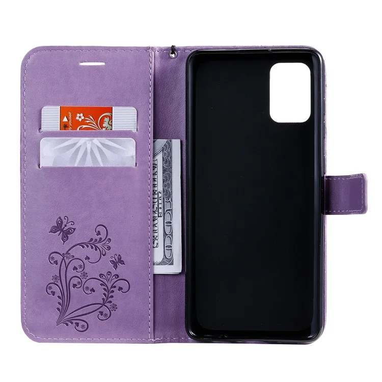 For Samsung Galaxy A71 Wallet Case Floral Butterfly Imprinted Leather Phone Cover Stand - Purple