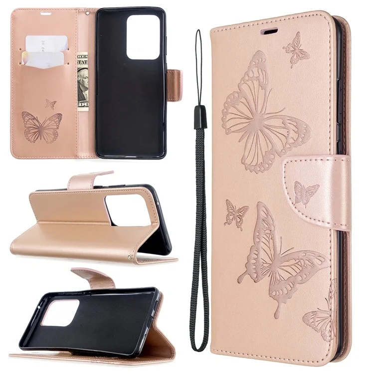 Imprint Butterfly Wallet Leather Stand Case for Samsung Galaxy S20 Ultra - Gold