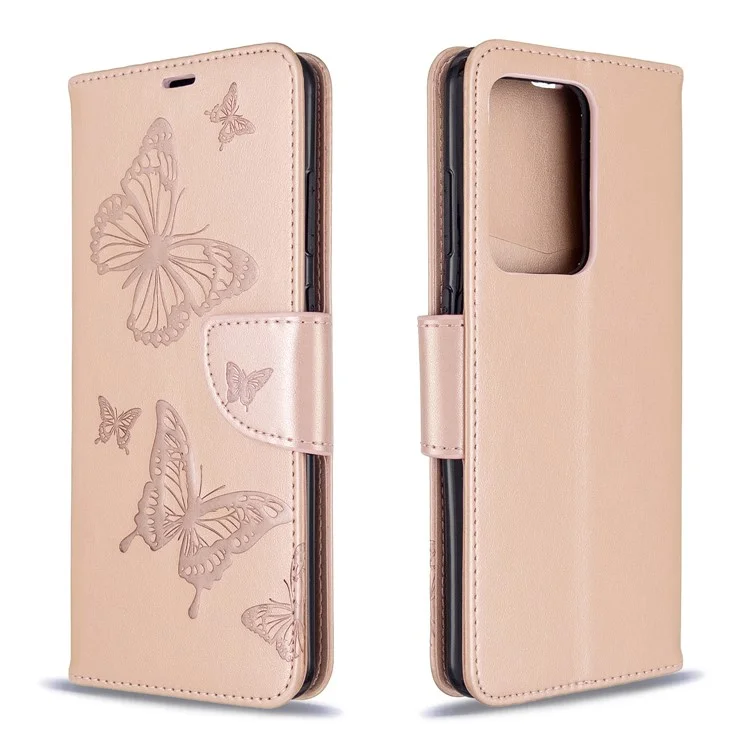 Imprint Butterfly Wallet Leather Stand Case for Samsung Galaxy S20 Ultra - Gold