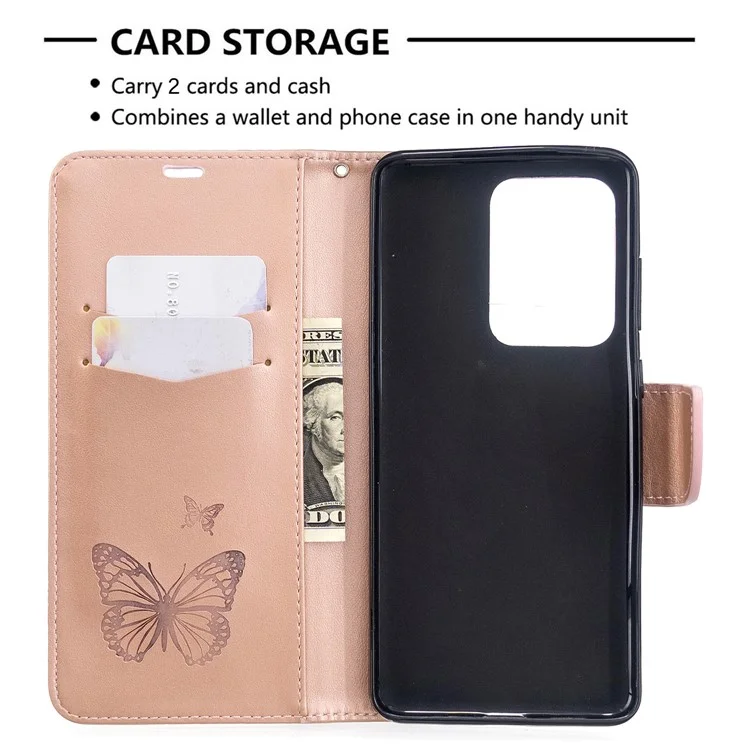 Imprint Butterfly Wallet Leather Stand Case for Samsung Galaxy S20 Ultra - Gold