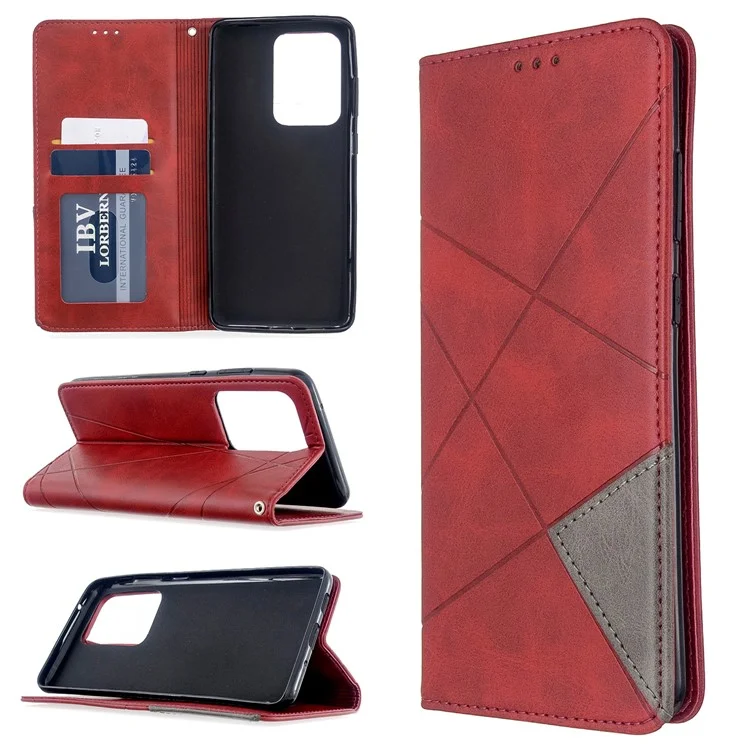 Capa de Telefone de Couro de Superfície Geométrica para Samsung Galaxy S20 Ultra - Vermelho