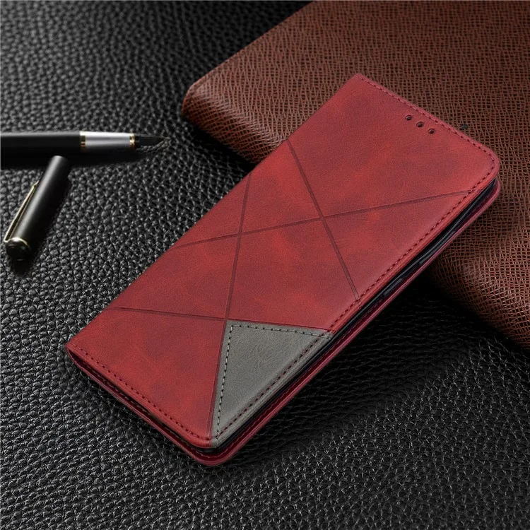 Capa de Telefone de Couro de Superfície Geométrica para Samsung Galaxy S20 Ultra - Vermelho
