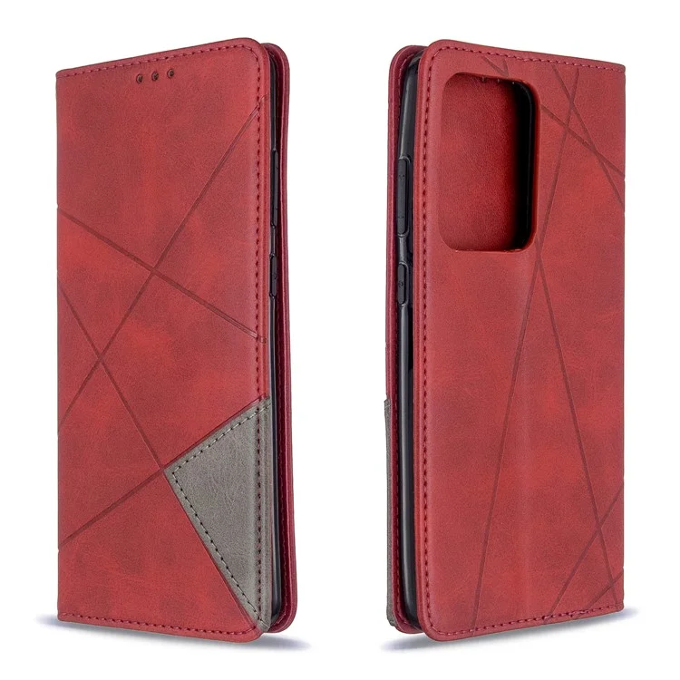 Capa de Telefone de Couro de Superfície Geométrica para Samsung Galaxy S20 Ultra - Vermelho