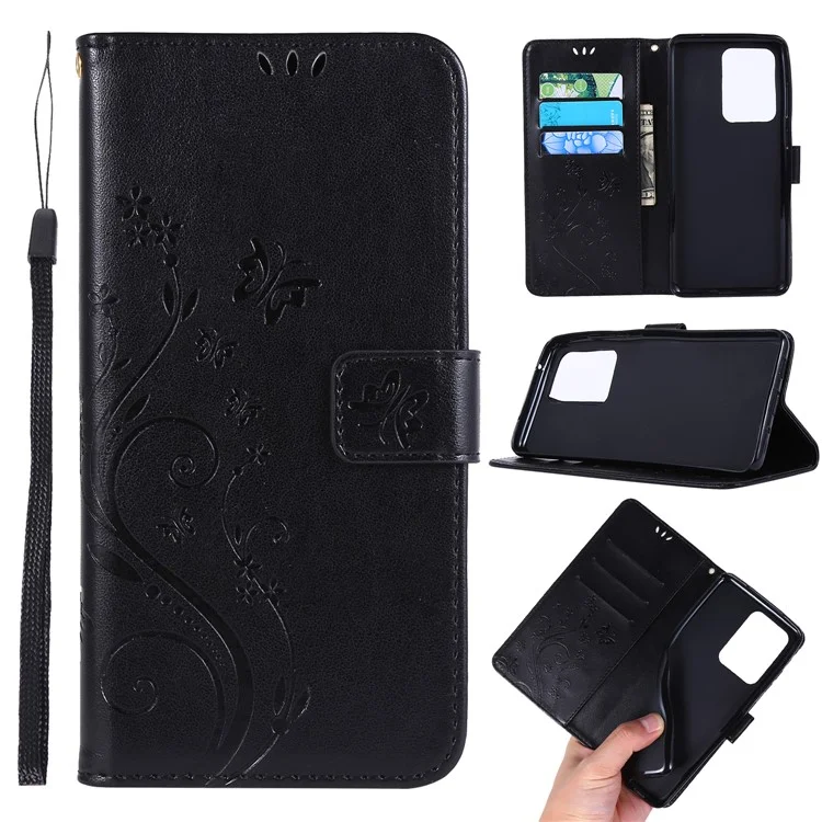 Imprint Butterflies Wallet Stand Flip Leather Phone Case for Samsung Galaxy S20 Ultra - Black